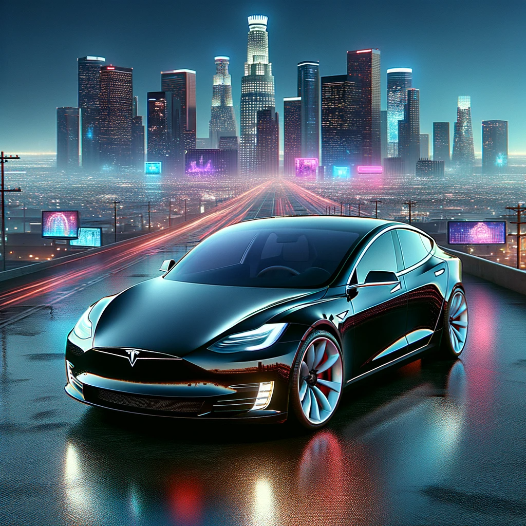 DALL·E 2023-10-25 07.31.05 - Illustration of a pristine BLACK Model S Tesla on a reflective asphalt surface. In the background, the iconic Los Angeles skyline is visible, enhanced