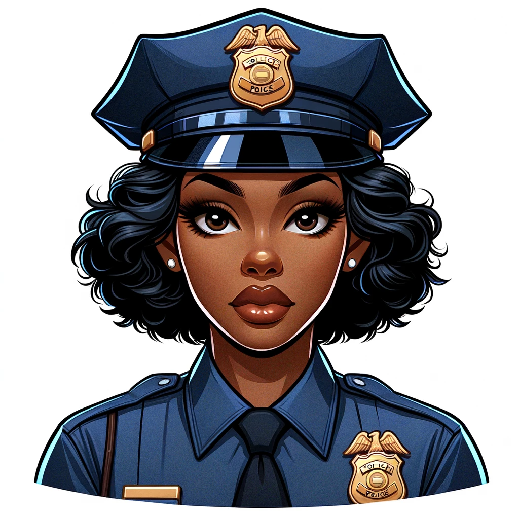 DALL·E 2023-10-31 04.29.01 - Illustration of a beautiful mid-thirties female person of color with an animated headshot, dressed in police attire. Her facial features and style are