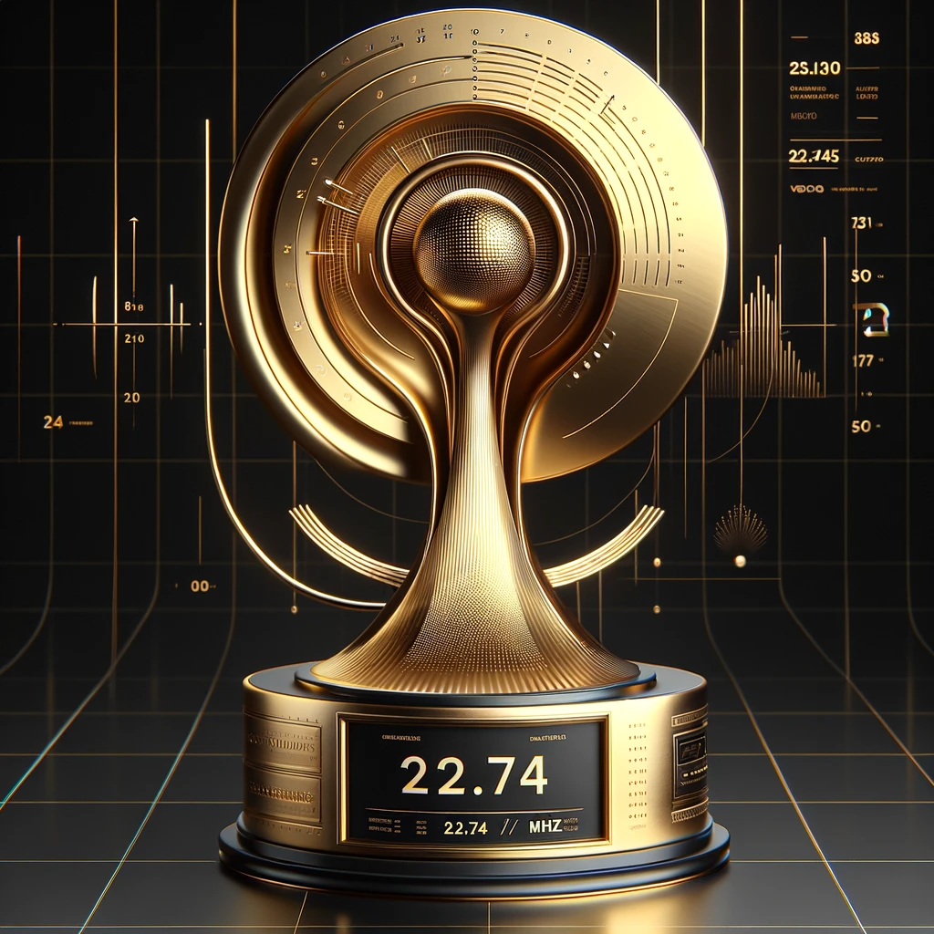 DALL·E 2023-11-04 19.36.24 - Design a luxurious golden trophy with a smooth, sleek appearance, featuring a prominent numeric display reading _22.74 MHz_ in a futuristic font. The 