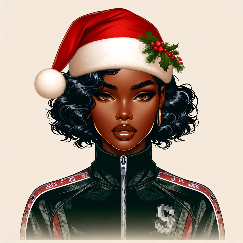 DALL·E 2023-12-20 05.42.15 - Illustration of a stunning African American female with an animated headshot, dressed in luxury sports wear and wearing a Santa hat. The image portray