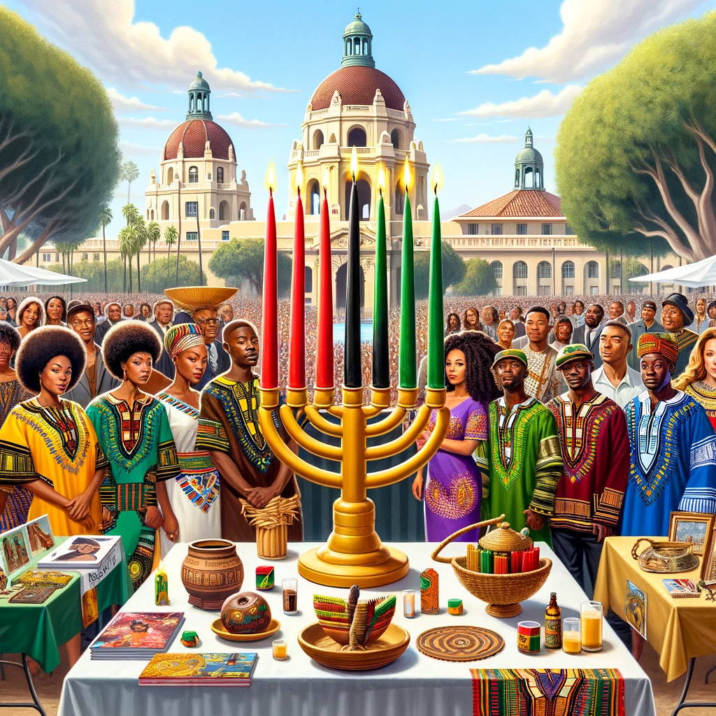 DALL·E 2023-12-29 04.06.51 - A vibrant and celebratory scene for the fourth day of Kwanzaa in Pasadena. The setting is an outdoor community gathering with diverse individuals, sho