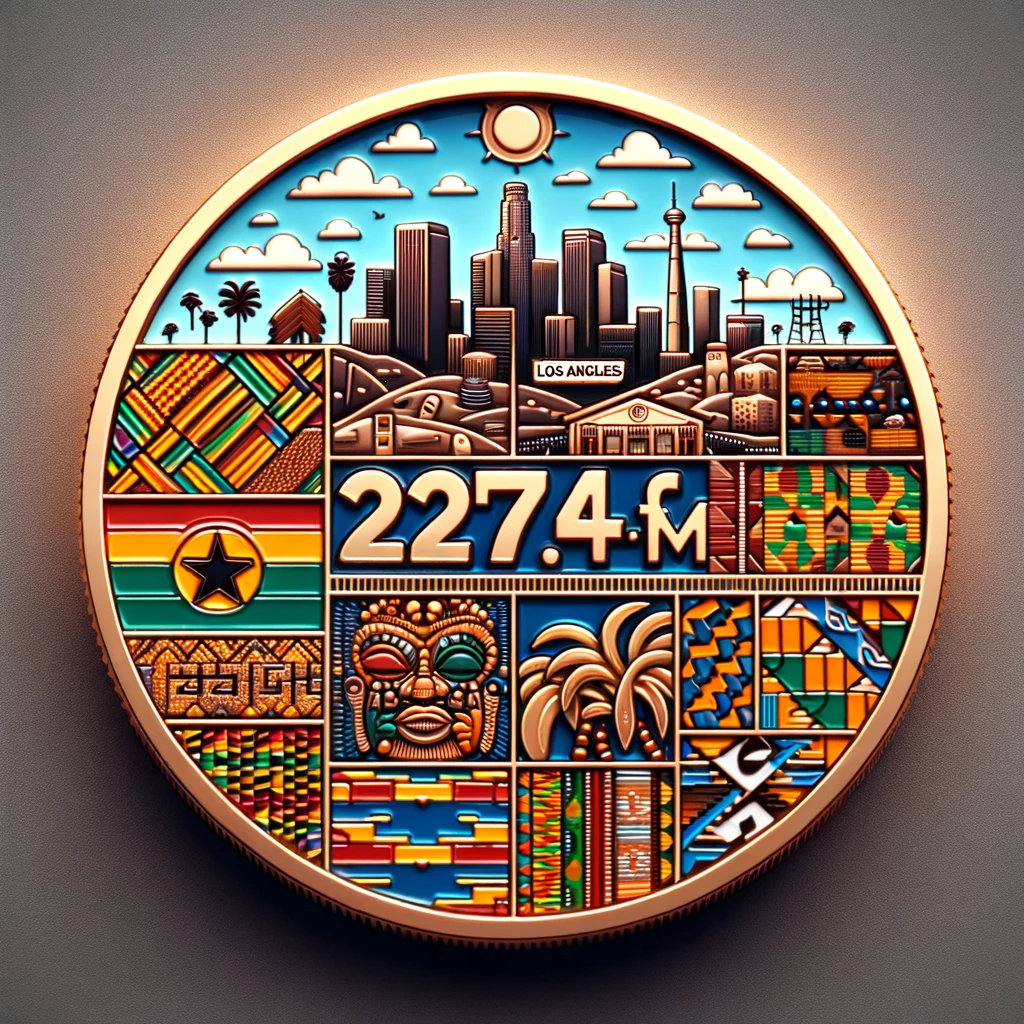 DALL·E 2024-02-07 04.36.48 - Design a challenge coin for _2274.FM_ that captures the essence of both Ghana and Los Angeles. The coin should blend elements iconic to Ghana, such as