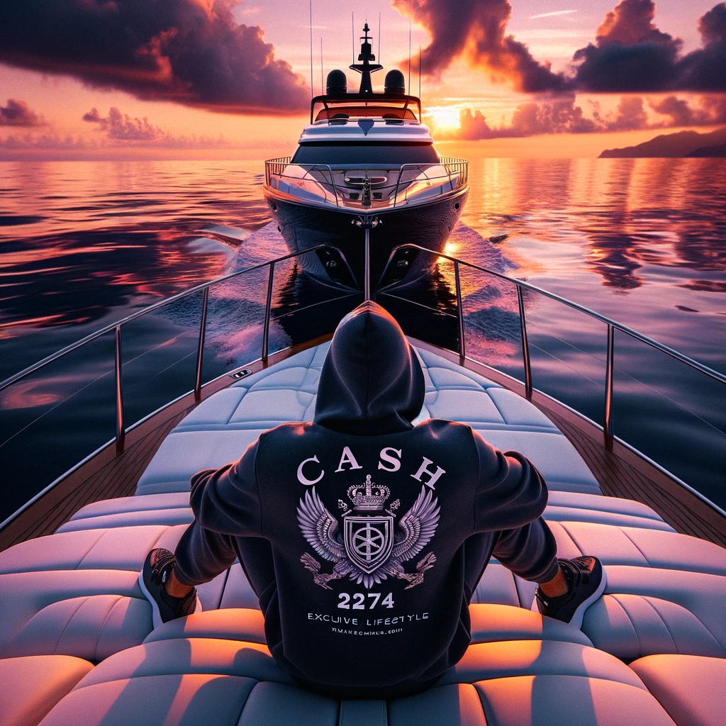 DALL·E 2024-03-21 19.23.16 - Create an image that portrays &#39;CASH&#39; as an exclusive lifestyle brand, set against the backdrop of the Pacific Ocean at sunset. Picture a luxurious yac